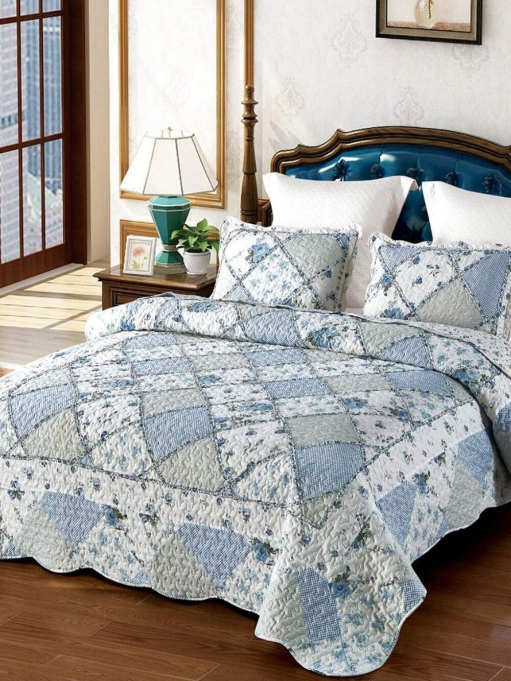 Blue Floral Patchwork Quilt Set, Full Queen Size, 3 Piece Bedding Set with 2